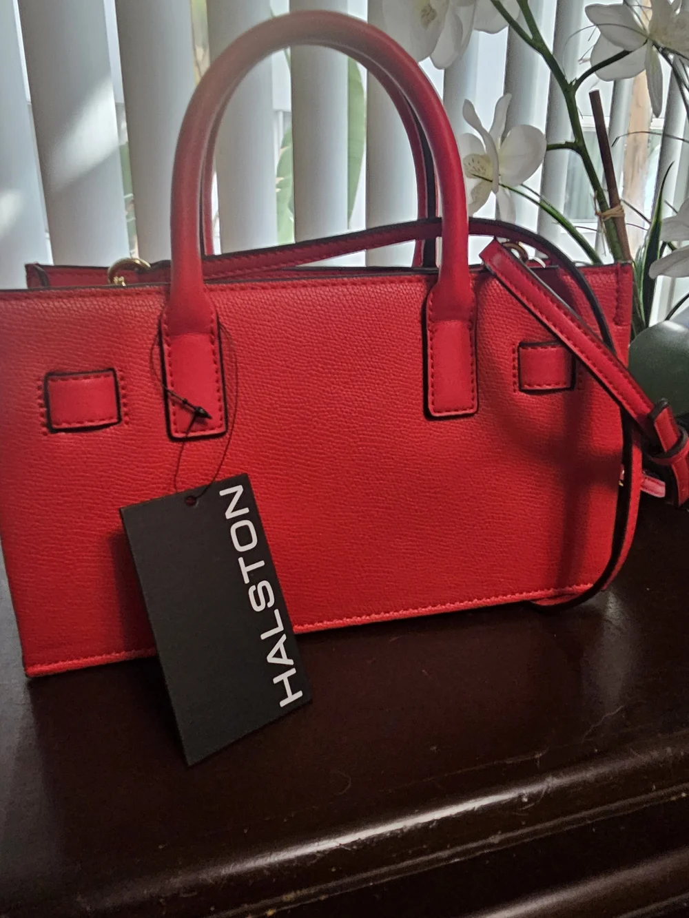 Red Structured Leather Satchel Handbag